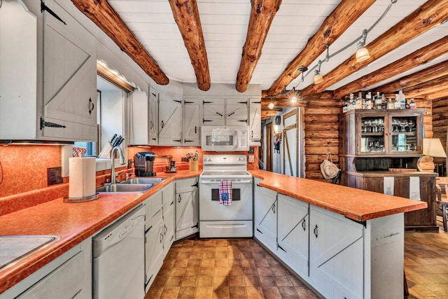 kitchen with rustic walls, sink, white cabinetry, white appliances, and beam ceiling