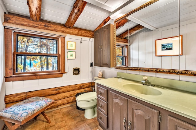 bathroom with vanity, wooden ceiling, toilet, and beamed ceiling