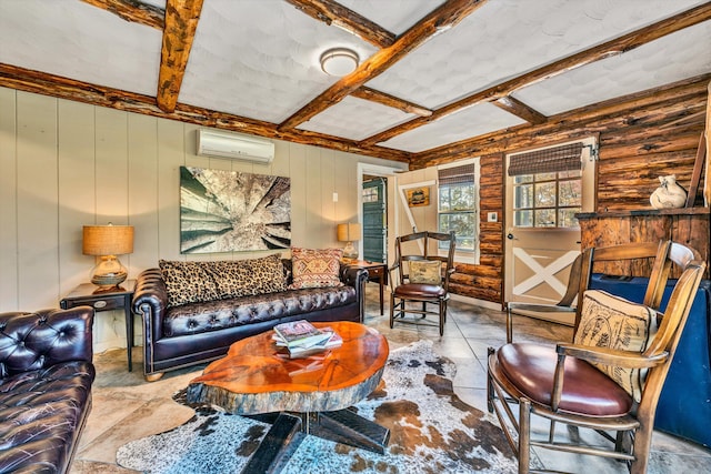 living room with coffered ceiling, log walls, a wall unit AC, and beamed ceiling