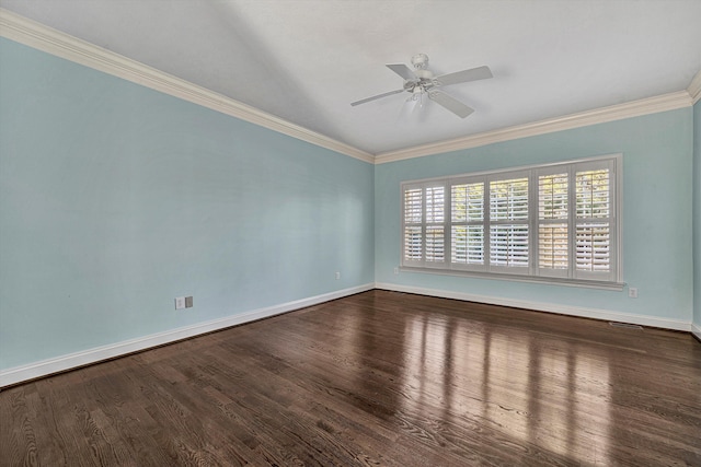 spare room featuring ceiling fan, ornamental molding, and wood-type flooring