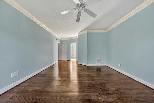 spare room featuring ceiling fan, crown molding, dark hardwood / wood-style floors, and a textured ceiling