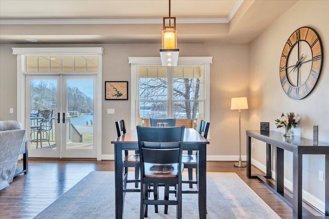 dining area with french doors, baseboards, and dark wood-style flooring