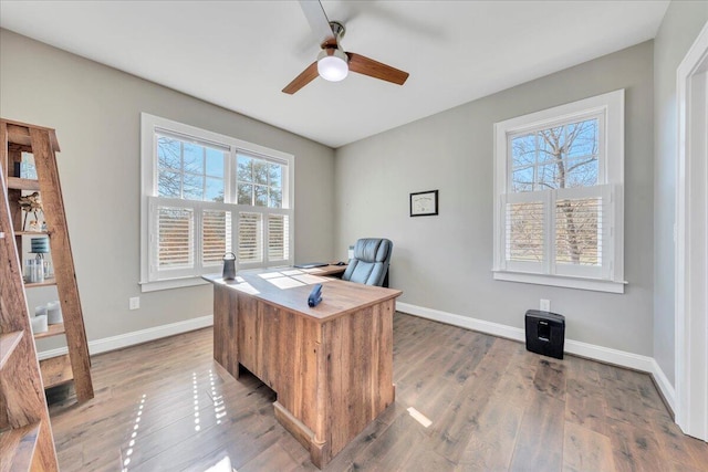 office space with a ceiling fan, plenty of natural light, baseboards, and wood finished floors