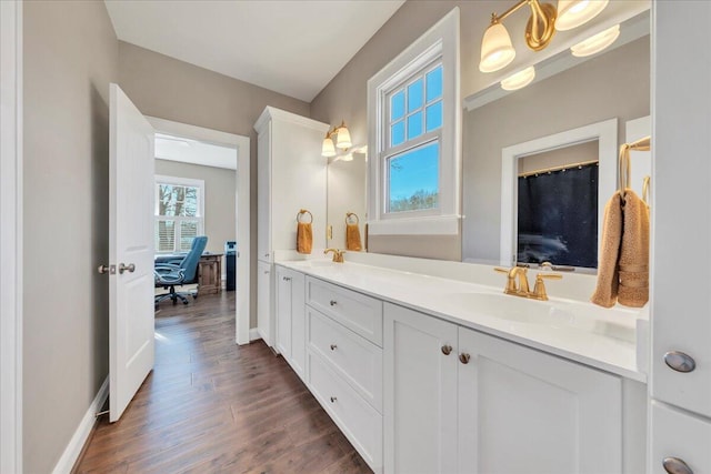 bathroom featuring double vanity, baseboards, a sink, and wood finished floors