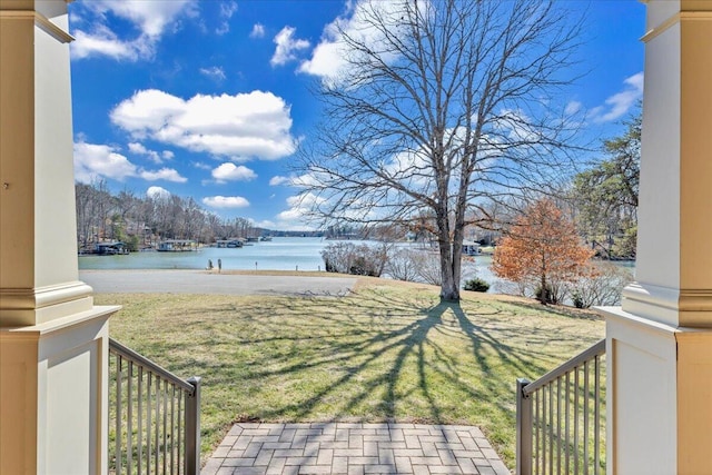 view of yard with a water view