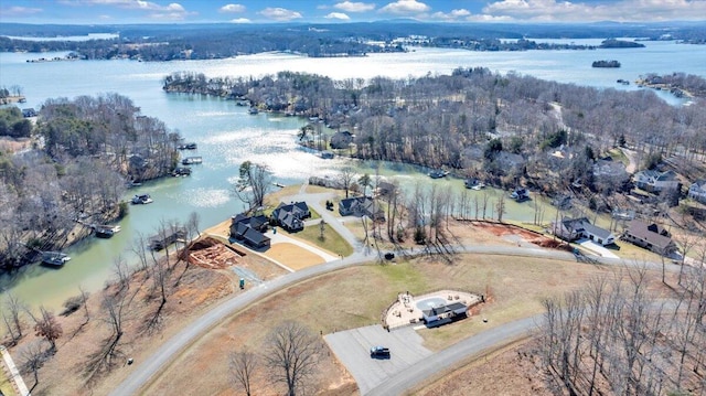 aerial view featuring a water view and a view of trees