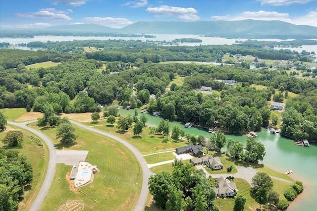 birds eye view of property with a water and mountain view