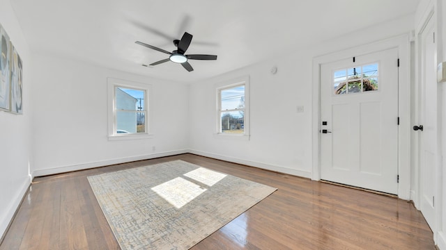 foyer with ceiling fan and dark hardwood / wood-style flooring