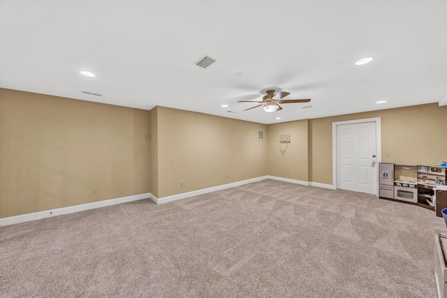 unfurnished room featuring visible vents, baseboards, ceiling fan, recessed lighting, and light carpet