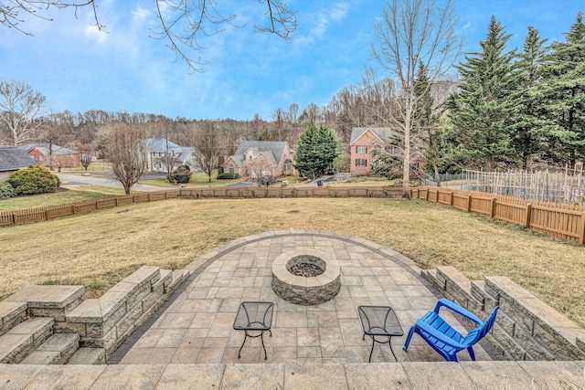 view of patio / terrace featuring an outdoor fire pit and fence