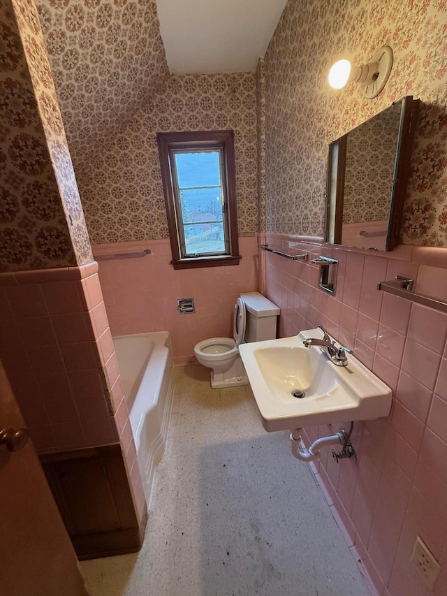 45 Hillcrest Dr, Rocky Mount, VA 24151 - full bathroom featuring wallpapered walls, a wainscoted wall, a sink, and toilet