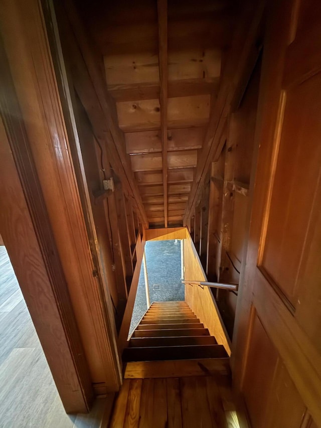 45 Hillcrest Dr, Rocky Mount, VA 24151 - stairs with beamed ceiling, wood finished floors, wood walls, and wood ceiling