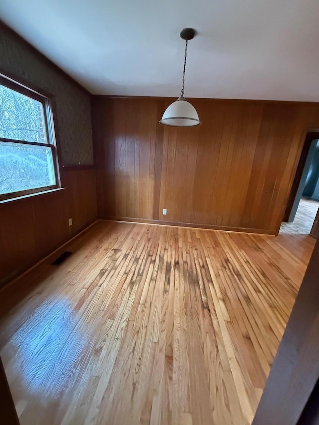 45 Hillcrest Dr, Rocky Mount, VA 24151 - unfurnished dining area with light wood finished floors, visible vents, and wood walls