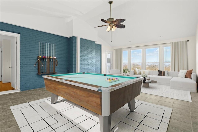 1909 Pelham Dr, Roanoke, VA 24018 - recreation room featuring ceiling fan, tile patterned flooring, vaulted ceiling, brick wall, and billiards