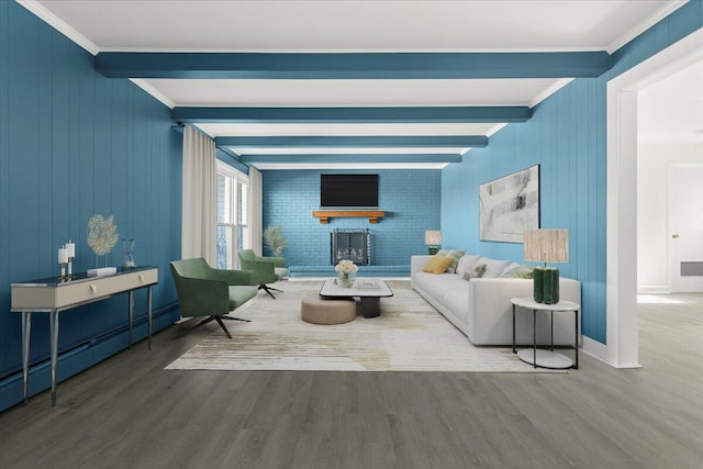 1909 Pelham Dr, Roanoke, VA 24018 - living area featuring beamed ceiling, a baseboard radiator, and wood finished floors