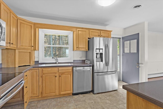 kitchen with appliances with stainless steel finishes, dark countertops, a sink, and plenty of natural light