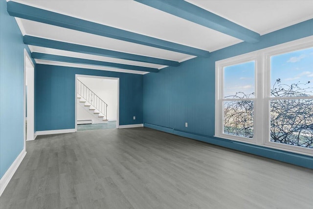 1909 Pelham Dr, Roanoke, VA 24018 - interior space with baseboards, stairway, beam ceiling, a baseboard radiator, and wood finished floors