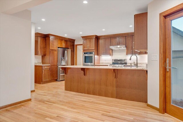3615 Dogwood Ln SW, Roanoke, VA 24015 - kitchen with stainless steel appliances, under cabinet range hood, a peninsula, a sink, and light wood finished floors
