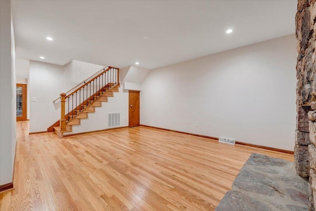 3615 Dogwood Ln SW, Roanoke, VA 24015 - unfurnished living room with wood finished floors, stairway, recessed lighting, and baseboards