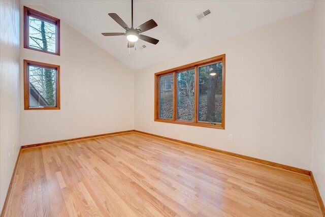3615 Dogwood Ln SW, Roanoke, VA 24015 - unfurnished room featuring light wood finished floors, high vaulted ceiling, ceiling fan, and baseboards