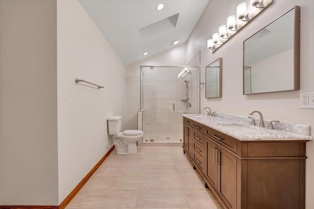 3615 Dogwood Ln SW, Roanoke, VA 24015 - bathroom featuring vaulted ceiling, toilet, a stall shower, double vanity, and baseboards