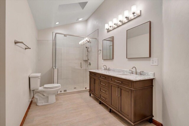 3615 Dogwood Ln SW, Roanoke, VA 24015 - bathroom with lofted ceiling, toilet, a stall shower, baseboards, and double vanity
