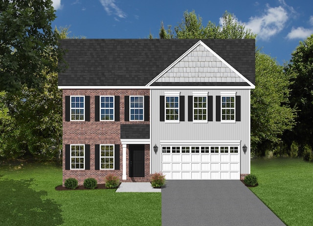 view of front of house with an attached garage, aphalt driveway, a front yard, and brick siding