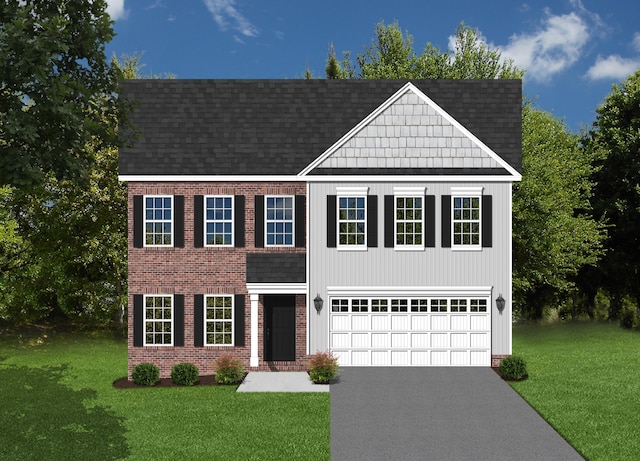 view of front facade featuring roof with shingles, aphalt driveway, a garage, and a front lawn