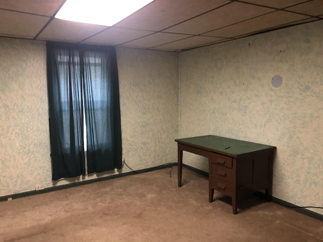 basement with carpet and a drop ceiling