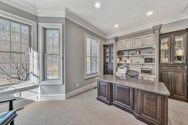 office space featuring recessed lighting, baseboards, light colored carpet, and crown molding