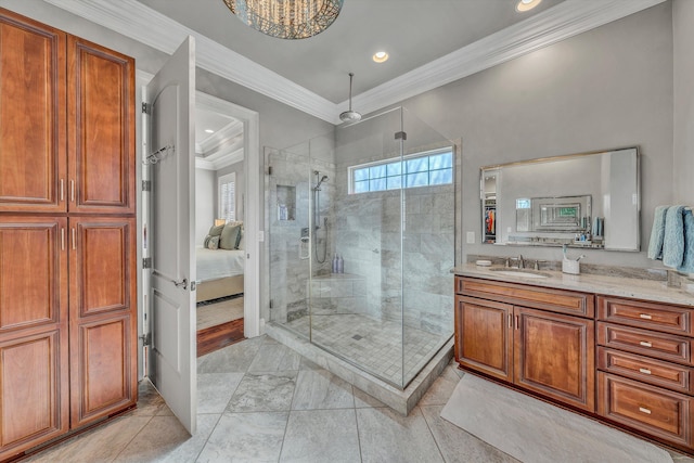 bathroom with a stall shower, ornamental molding, ensuite bath, recessed lighting, and vanity