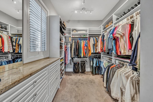 spacious closet featuring light colored carpet