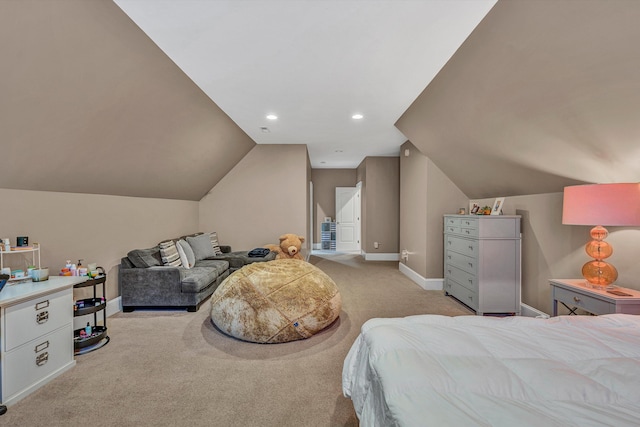 bedroom featuring vaulted ceiling, recessed lighting, baseboards, and light carpet