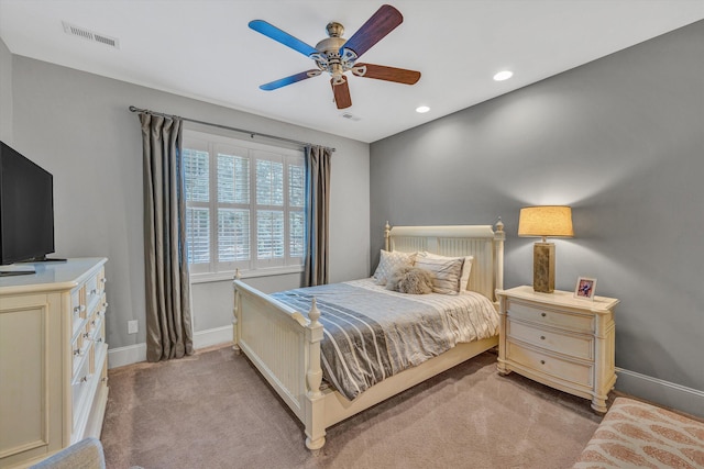 bedroom with visible vents, recessed lighting, baseboards, and carpet floors