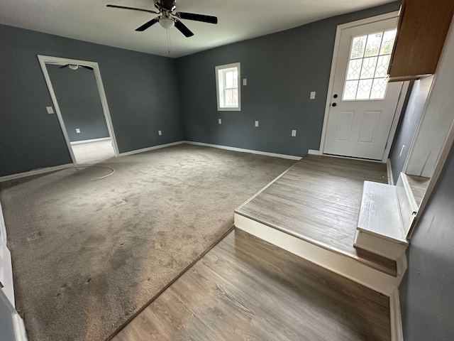 carpeted entrance foyer with ceiling fan and a wealth of natural light