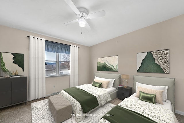 carpeted bedroom with visible vents, baseboards, and ceiling fan