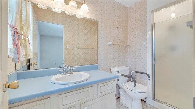 full bathroom featuring toilet, a shower stall, vanity, and wallpapered walls