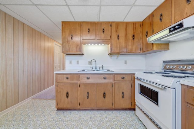 1345 Stone Mill Rd, Hurt, VA 24563 - kitchen featuring electric stove, a paneled ceiling, light countertops, wooden walls, and under cabinet range hood