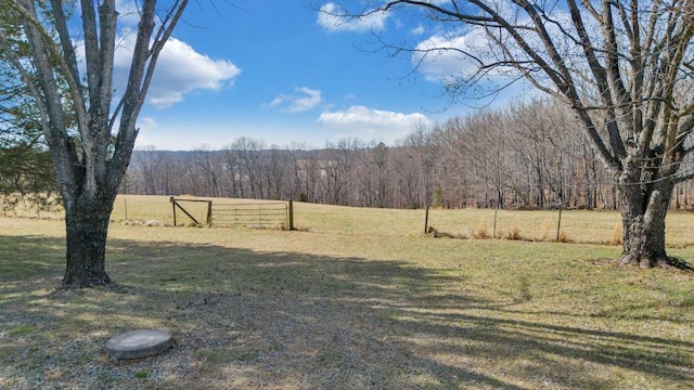 view of yard with a rural view, a forest view, and fence