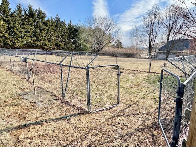 view of yard featuring a rural view, fence, and a gate