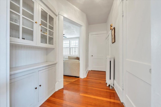 hallway with radiator heating unit and wood finished floors