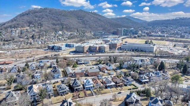 drone / aerial view featuring a mountain view