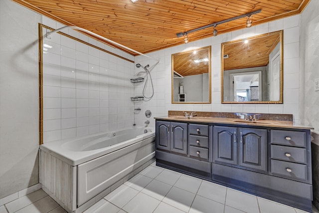 full bathroom with tile patterned flooring, bathing tub / shower combination, rail lighting, a sink, and wood ceiling
