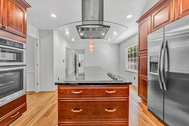 4937 Greenlee Rd SW, Roanoke, VA 24018 - kitchen featuring stainless steel appliances, ventilation hood, light wood finished floors, recessed lighting, and a center island