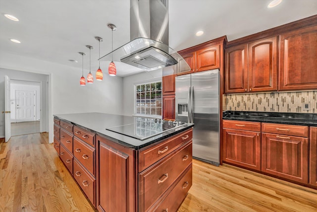 4937 Greenlee Rd SW, Roanoke, VA 24018 - kitchen featuring stainless steel fridge with ice dispenser, black electric stovetop, island range hood, light wood-type flooring, and tasteful backsplash