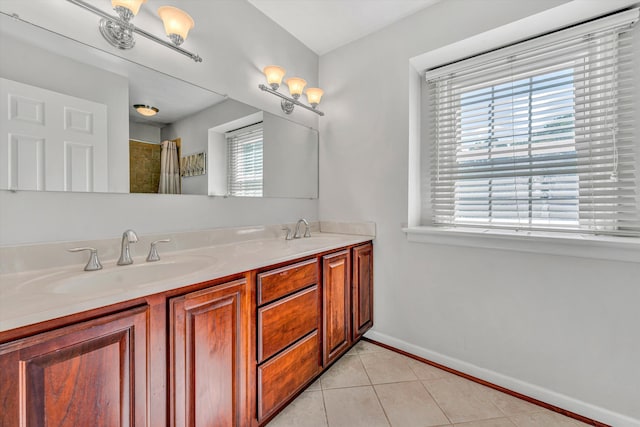 4937 Greenlee Rd SW, Roanoke, VA 24018 - bathroom featuring tile patterned floors, double vanity, and a shower with shower curtain