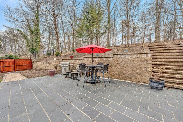 view of patio / terrace featuring a fenced backyard, outdoor dining area, and area for grilling