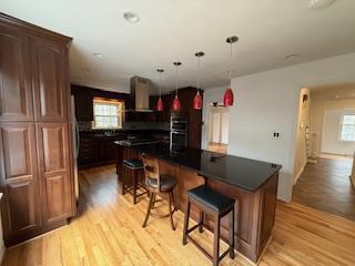 kitchen featuring tasteful backsplash, light wood-type flooring, island range hood, and plenty of natural light