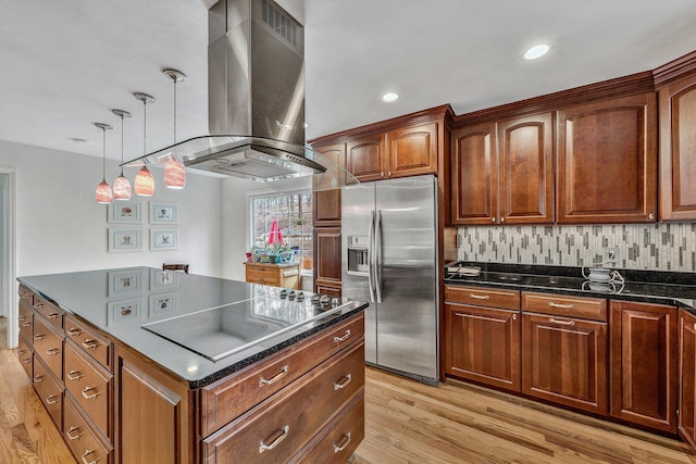 kitchen with stainless steel fridge with ice dispenser, black electric cooktop, backsplash, island exhaust hood, and light wood-type flooring