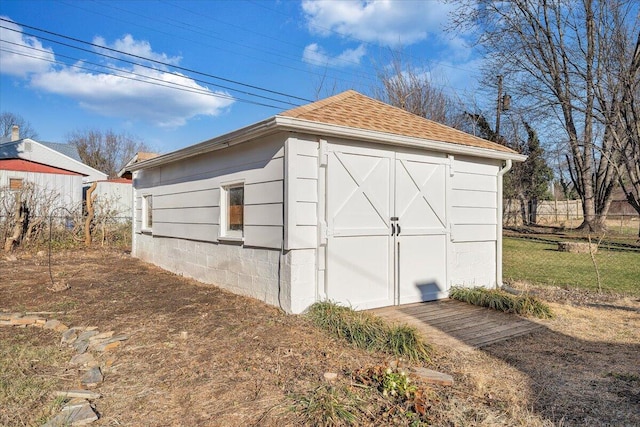 view of shed with fence